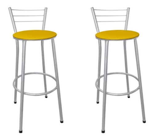 Imagem 1 de 5 de Kit 2 Banquetas Altas Prata Com Encosto Assento Amarelo