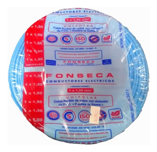 Imagen 1 de 5 de Cable Unipolar 1,5 Mm Celeste Normalizado 100m Fonseca E631