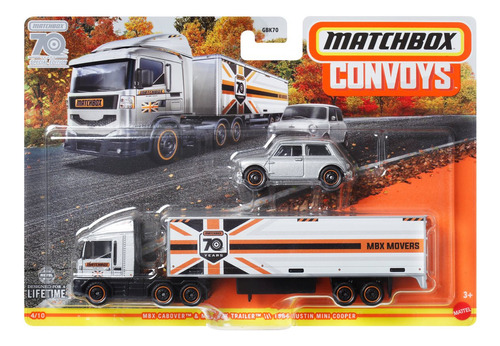 Miniatura De Metal Matchbox Convoys Caminhão + Carro Mattel Cor Mbx Cabover + Box Trailer + 1964 Austin Mini Cooper