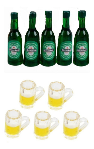 Set 5 Mini Botellas Cervezas Heineken + 5 Vasos Casa Muñecas