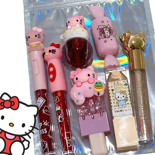 Kit De 7 Gloss Labiales Hello Kitty Favor Beauty Mujer Bella Multicolor Y Transparente
