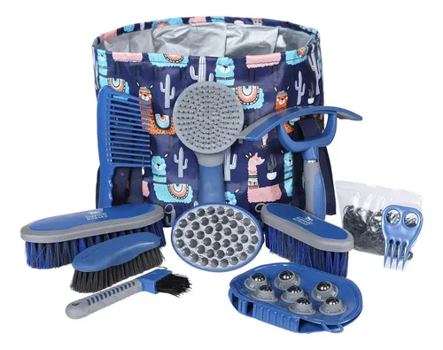 Ueemph - Kit de aseo de caballos (12 piezas): cepillos, bolsa de almacenamiento, raspador de sudor, peine de melena, guantes de aseo, regalo de caballo para niñas (negro