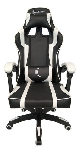 Silla de escritorio Audiotek MKZ-ATSILLAGAMER gamer ergonómica  negra y blanca con tapizado de cuero sintético