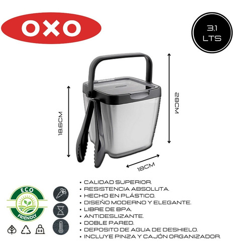 Imagen 2 de 8 de Hielera Acrilico Cuadrada C/pinza Oxo Pettish Online Vc