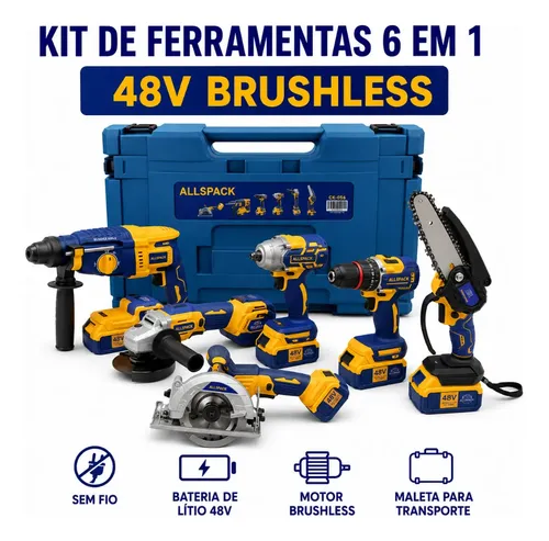 Kit Ferramentas Profissional 6 Em 1 Brushless 48v 4 Baterias