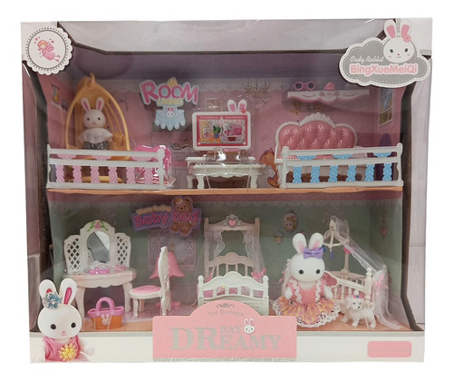Familia De Conejos Habitación Con Accesorios Color Rosa