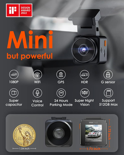 Vantrue E1 Lite 1080p Wifi Mini Dash Cam Con Gps Y Veloci...