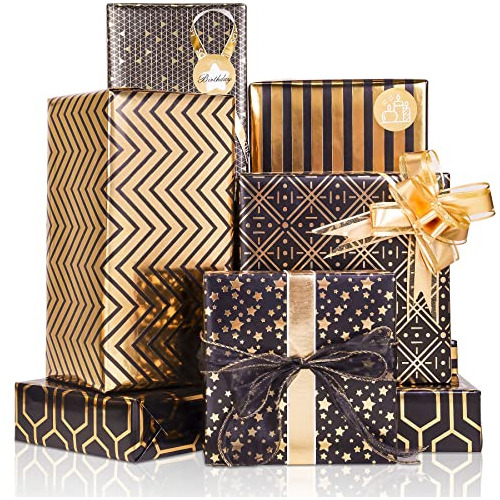 Gift Wrapping Paper Set, 6 Sheets Metallic Black Gold F...