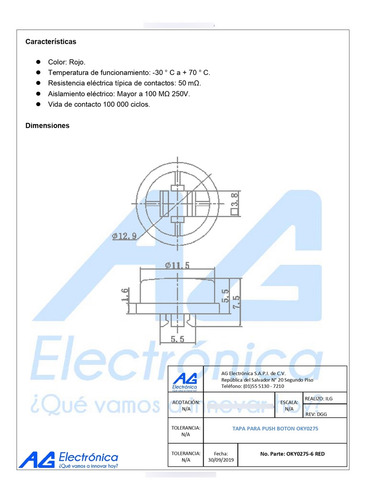 Tapa Roja Para Push Boton Oky0275-5 Oky0275-6 Red