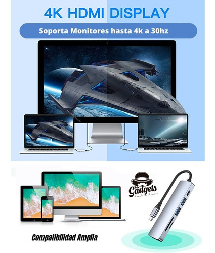6 En 1 Usb Hub Adaptador Sd Pd Tipo C Hdmi 4k Para Mac iPad