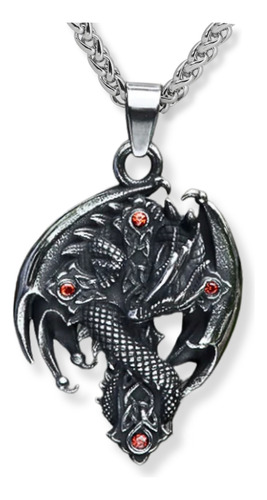 Collar Dije Cruz Dragón Medieval Acero Color Plata Hombre