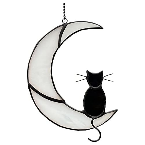 Gato Negro Decoración Luna Blanca Vidriera Colgante Su...