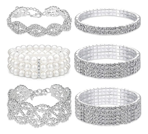 Juego 6 Pulseras Elasticas Con Diamantes Para Mujer Cristal