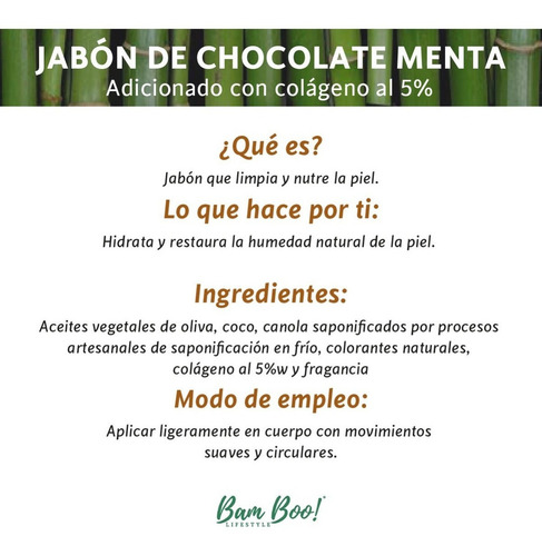 Imagen 5 de 8 de Jabón Chocolate Menta Con Colágeno 100 Gr Bam Boo! Lifestyle