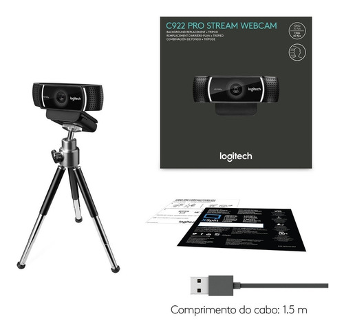 Webcam Full Hd Logitech C922 Pro Stream Com Microfone Embut Preto