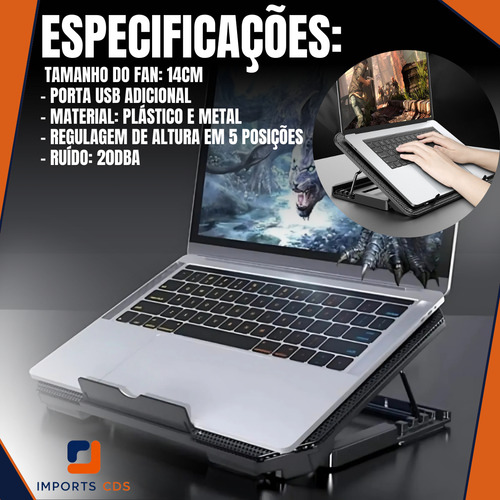 Suporte Base Notebook Imports Cds Com 2 Coolers Ventoinhas Potentes Base Refrigerada Ventilação Silenciosa Mesa Projetada Para Laptops Até 17 Polegadas Base Led Refrigerada Evita Superaquecimento