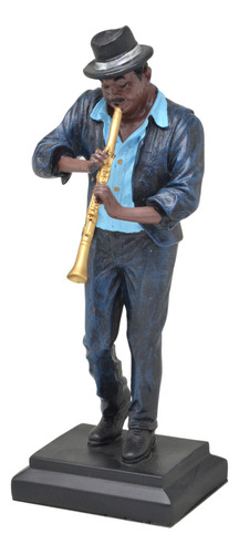 Escultura Musico Flautista Decorativo Em Resina Azul E Preto