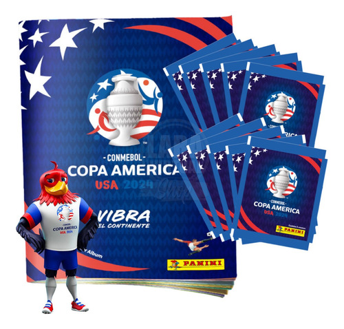 Kit álbum Copa América USA 2024 Panini azul tapa blanda + 15 packs de laminás en caja