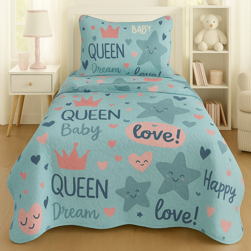 Kit Colcha Cobre Leito Infantil Menino Menina Solteiro 2 Pçs Cor Azul-aço Love