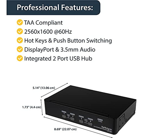 Startech.com Conmutador Kvm Displayport De 4 Puertos Con Aud