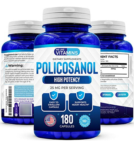 Policosanol 25mg - 180 Cápsulas - Suplemento De Policosanol Hecho De Caña De Azúcar Natural - Sin Ogm Y Sin Gluten