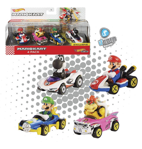 Hot Wheels 4 Pack Mario Kart Luigi Black Yoshi Carros Set