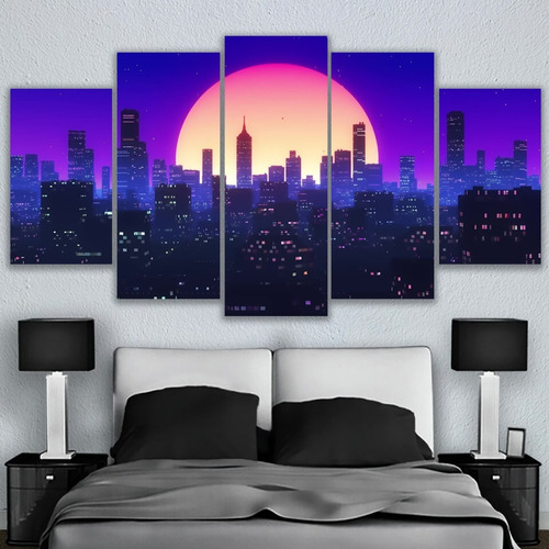 5 Cuadros Decorativos Arte Vaporwave Ciudad Neon Canvas 