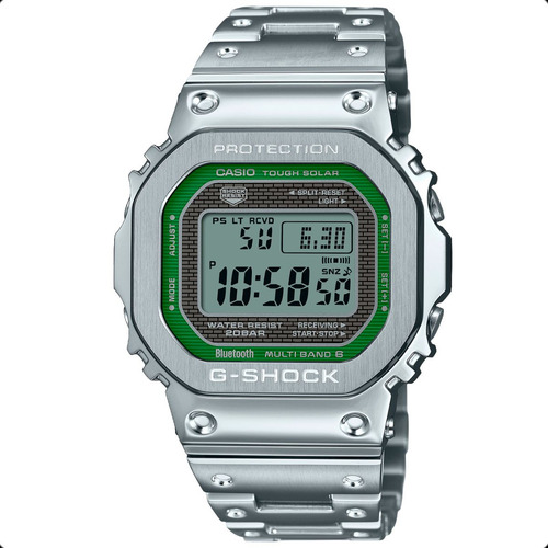 Relógio Casio G-shock Tough Solar E Bluetooth Gmw-b5000d-3dr Correia Prateado Bisel Prateado Fundo Verde