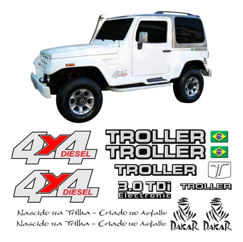 Kit Adesivos Emblema Troller T4 4x4 Diesel 3.0 Tdi 2008 Completo Carro  Branco Tlr063