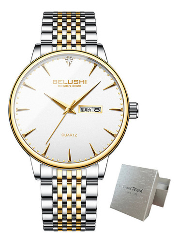 Correa de reloj Belushi Simple Business con calendario de cuarzo, color plateado, dorado y blanco