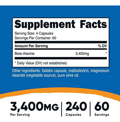 Cápsulas Nutricost Beta-alanina 3400mg, 240 Cápsulas (60 Se
