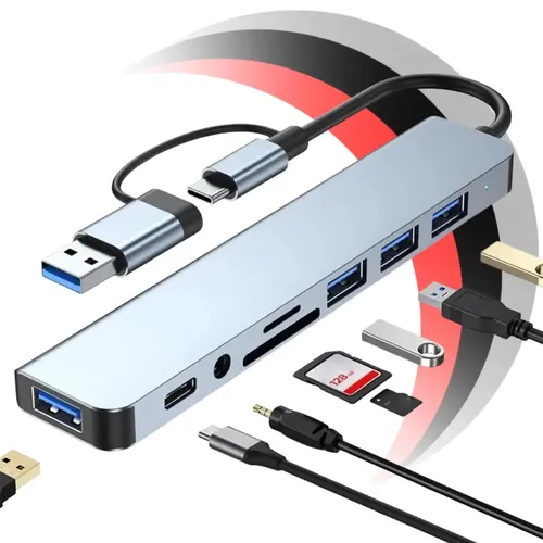 Hub Usb 8 Portas Saída Dupla Tipo C + A Híbrido Cabo Adaptador Ma...