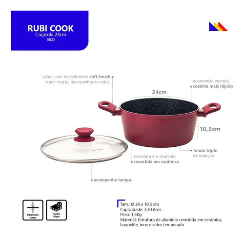 Panela Caçarola Ceramica 24cm Avulsa Antiaderente Fundo Triplo Indução Vermelha Rubi Mimo Style
