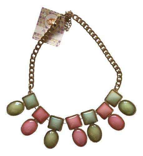 Collar Cadena Dorada Centro Piezas Rosadas Verde Claro 