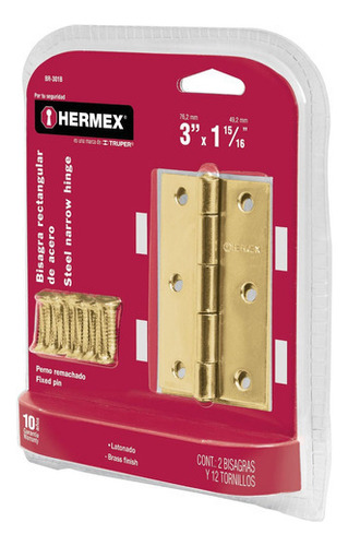 Bisagra Rectangular 3'', Latón, Blister 2 Pz Hermex 43209