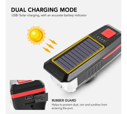 Imagen 5 de 7 de Luz Led Solar Y Recargable Con Bocina Para Bicicleta Scooter