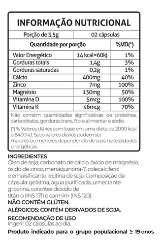 Imagem 4 de 4 de Cálcio Magnésio Zinco Vitaminas D3 K2 Com 60cps Fitoprime