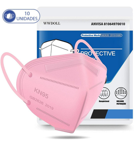 10 Máscaras Respiratórias Kn95 Rosa Wwdoll 5 Camada Anvisa