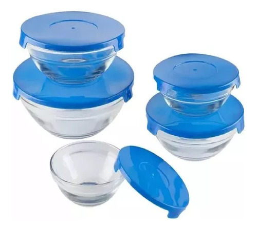 Pack 5 Piezas Bowl Pocillos Set  Con Tapa Azul Contenedor