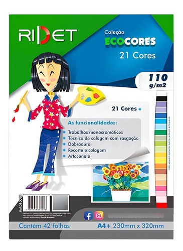 Bloco Ecocores Ridet A4+ 110g 23x32cm 42 Folhas 21 Cores