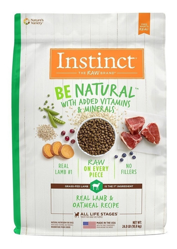 Imagen 1 de 3 de Alimento Instinct Be Natural para perro adulto todos los tamaños sabor cordero y avena en bolsa de 24lb