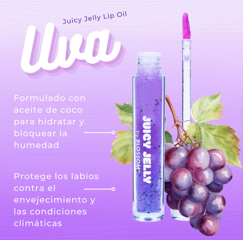 Lip Oil Blossom Brillo Labial Frutal Nutritivo No Pegajoso Acabado Glitter Color Uva
