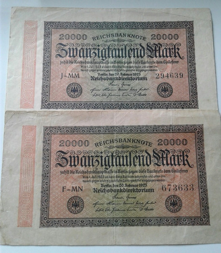 02 Cédulas Alemanha 20000 Reichsmark 1923 Mbc