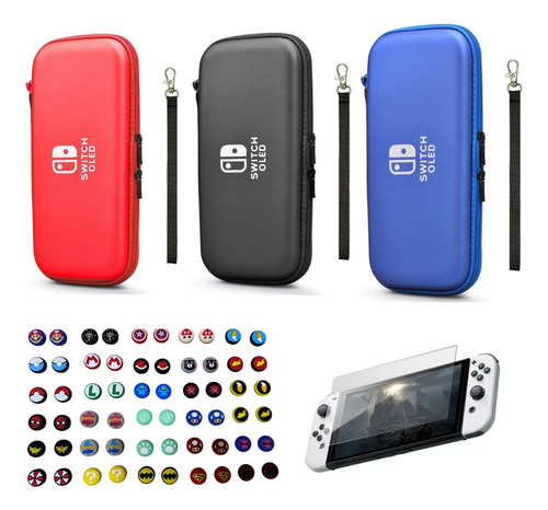 Estuche Rígido +vidrio Templado +2grips Nintendo Switch Oled