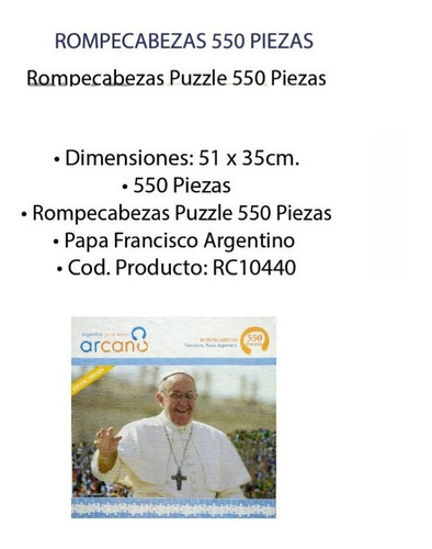 Imagen 2 de 2 de Rompecabezas Papa Francisco Puzzle 550 Piezas Arcano