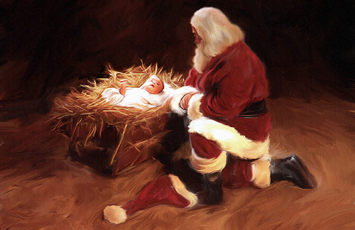 Primera Navidad' Santa Claus Orando Al Nino Jesus Natividad