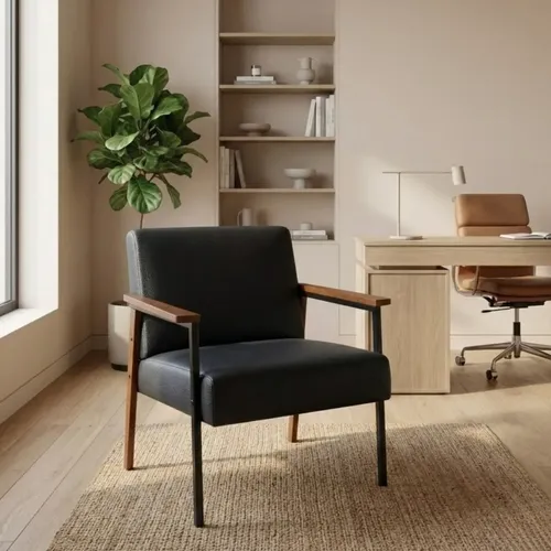 Poltrona Para Sala De Estar Resistente Macia Metal ‌Tecido Courino ​Preto Liso