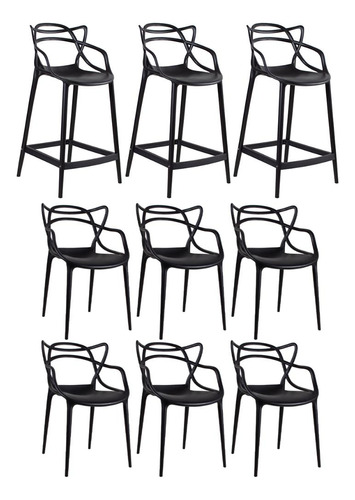Kit 6 Cadeiras + 3 Banquetas Médias Masters Allegra Cor Preto
