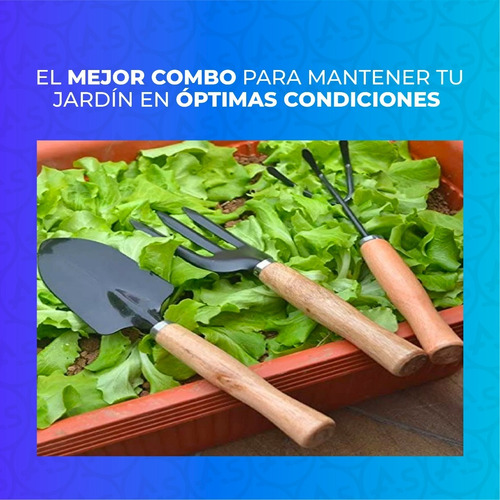 Imagen 5 de 10 de Set Jardineria X3 Herramientas Jardin Huertas Mango Madera