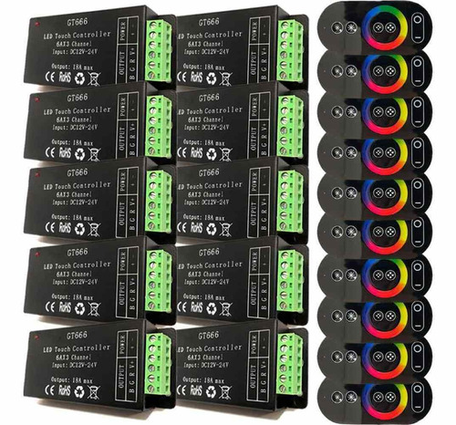 Kit 10 Controle + Comando Touch Refletores Led Rgb Sem Fio 12V